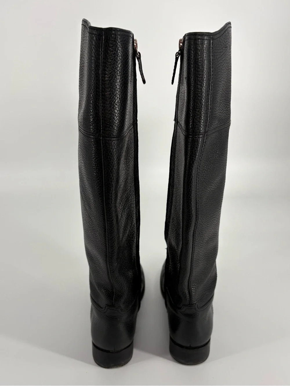 Tory Burch Black Pebbled Leather Knee Boots with Logo Emblem